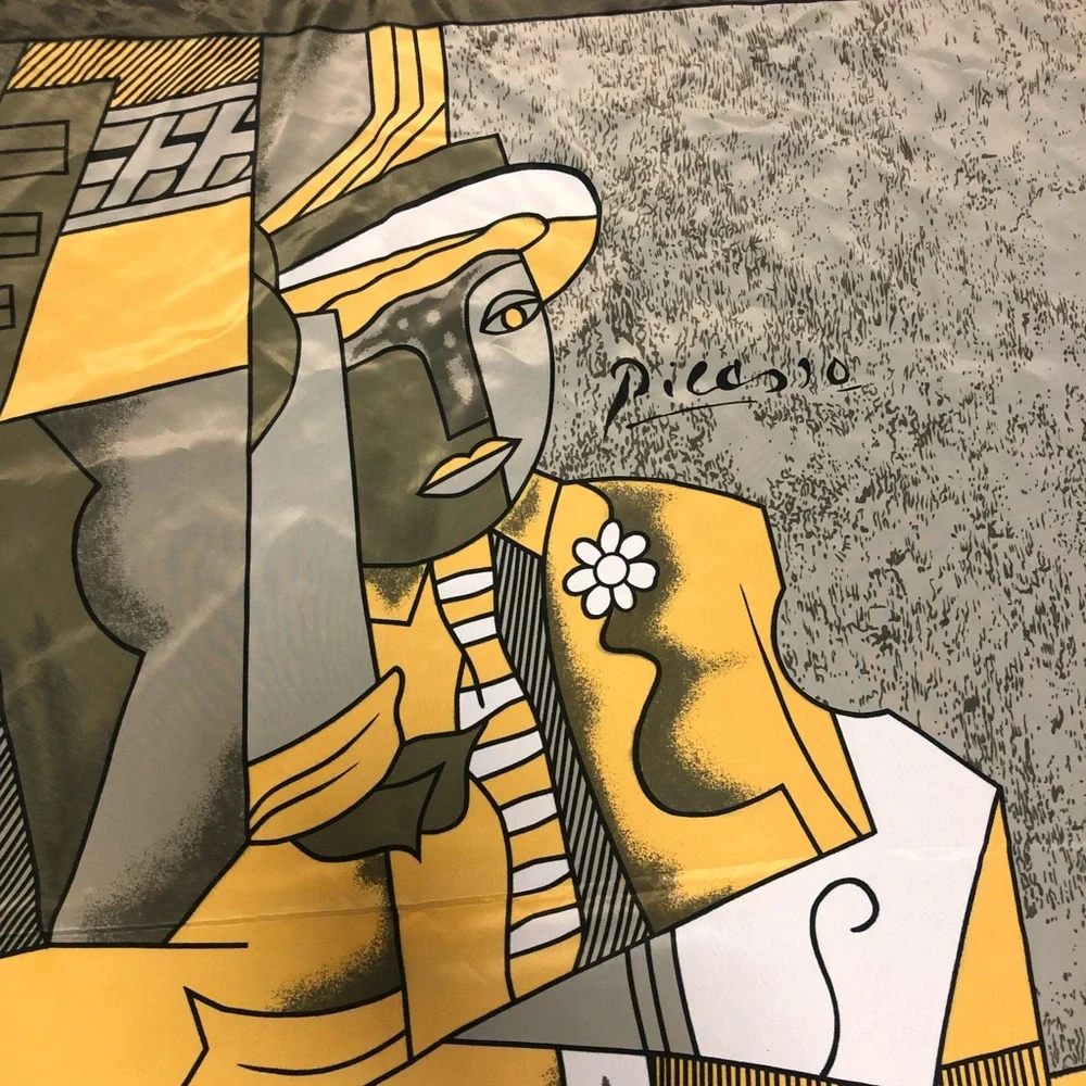Picasso Design 100% Silk Scarf - Gold Green/Grey Black Geometric Abstract Modern